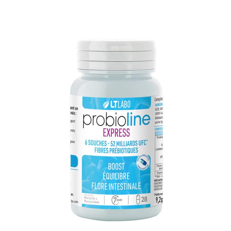 Probioline Express LT Labo, complément alimentaire aux probiotiques et fibres prébiotiques pour rééquilibrer la flore intestinale et soutenir le confort digestif.