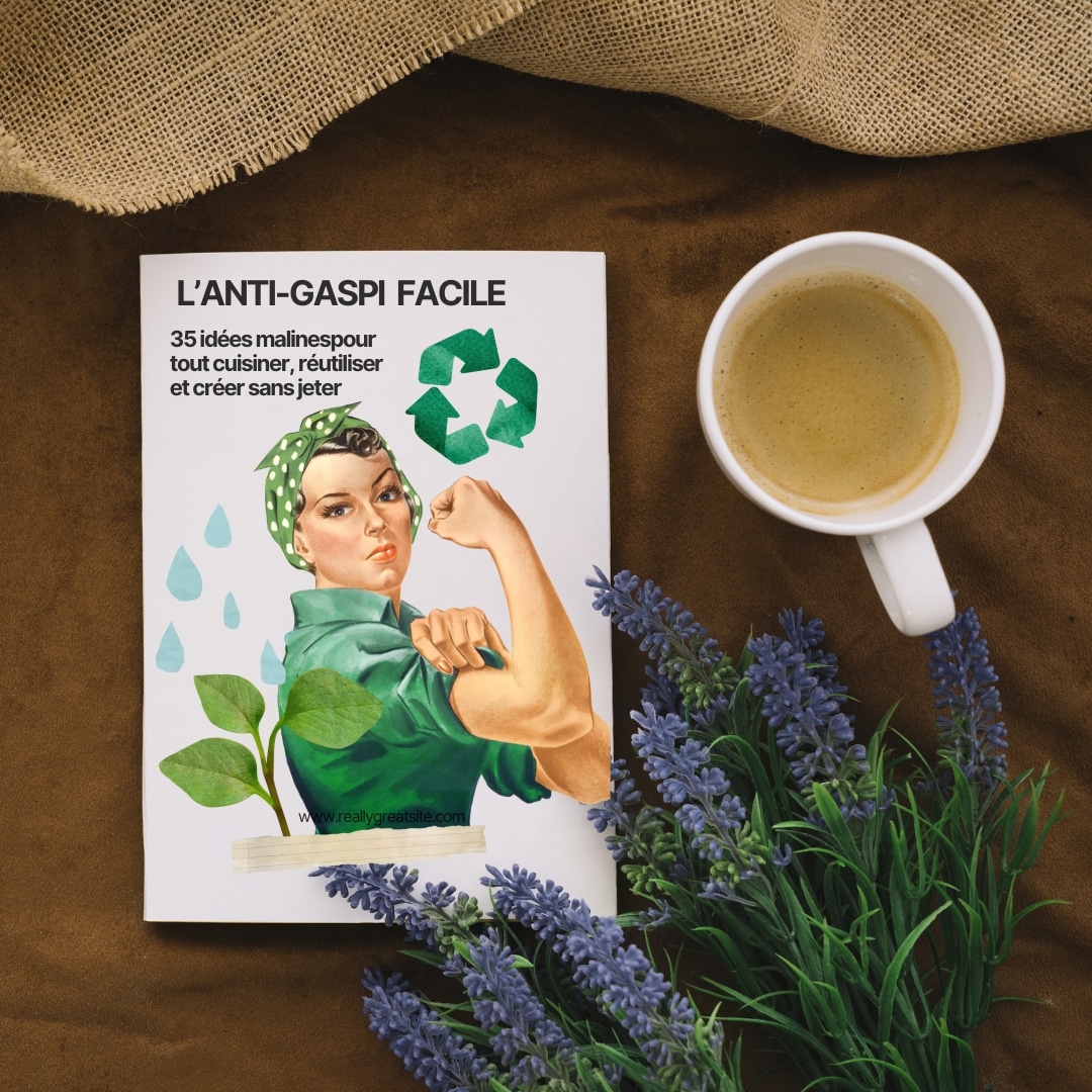 Couverture de l’ebook gratuit « L’Anti-Gaspi facile : 35 idées malines pour cuisiner, réutiliser et créer sans jeter », posé sur une table avec une tasse de café et des fleurs de lavande.