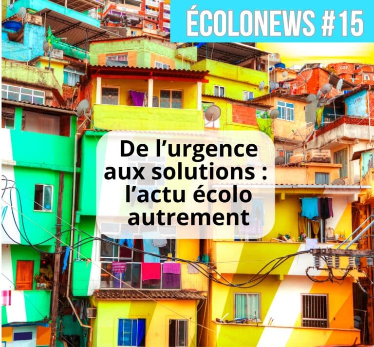 Couverture de l’Ecolonews #15 avec trois photos : une enfant face à des usines polluantes, des maisons colorées dans une favela et un couple senior pratiquant le yoga, accompagnée du titre "ÉCOLONEWS #15" et du slogan "L’actu vue autrement"