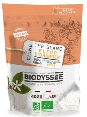 Thé blanc bio fleur d’oranger Biodyssée en sachet recyclable – infusion délicate et florale