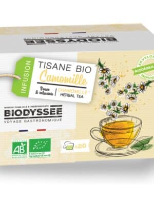 Tisane camomille bio Biodyssée en sachets biodégradables – infusion relaxante et apaisante