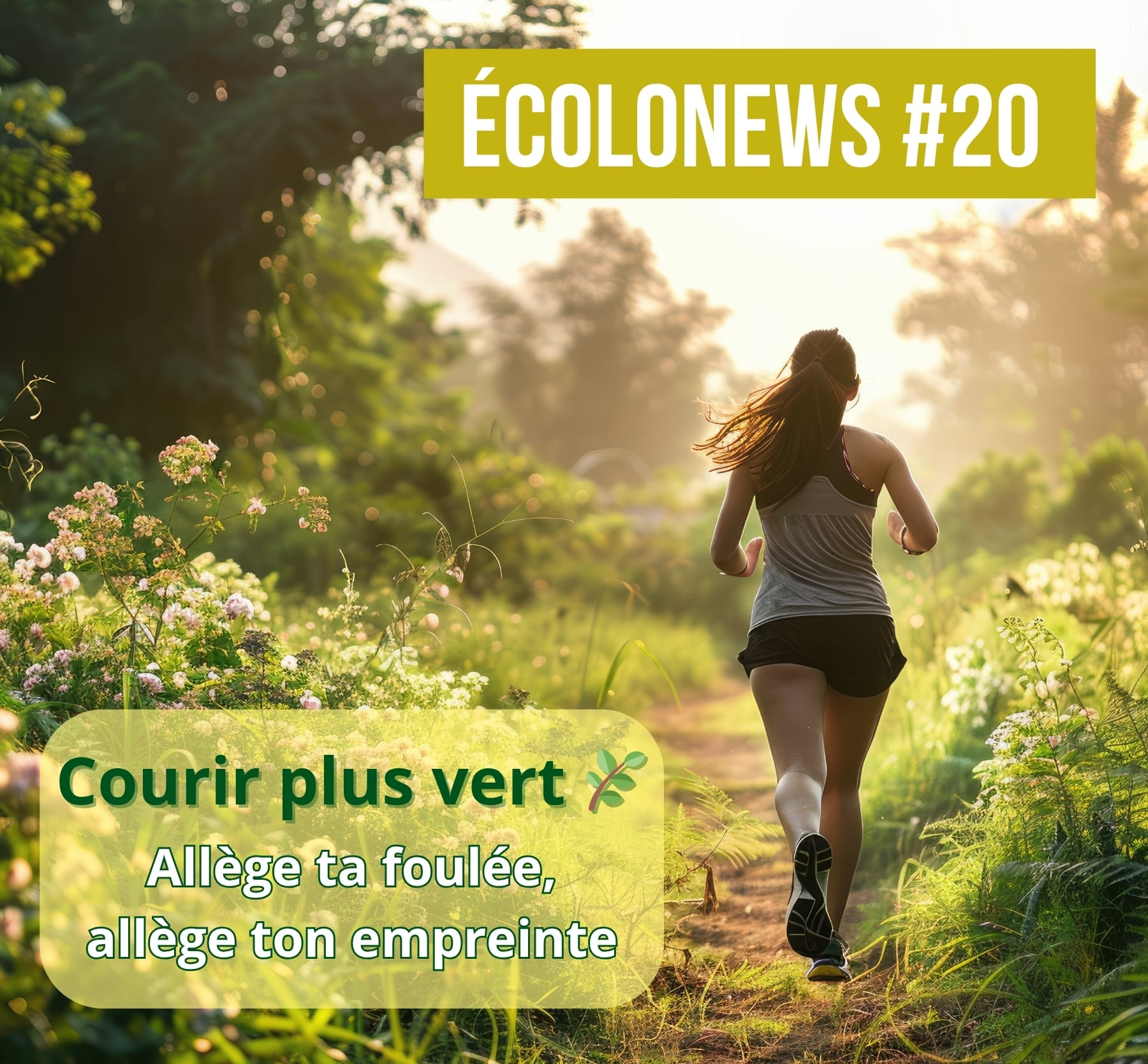 Coureuse sur un sentier fleuri au lever du soleil, symbolisant un mode de vie plus écologique et léger. Écolonews #20 – courir plus vert.