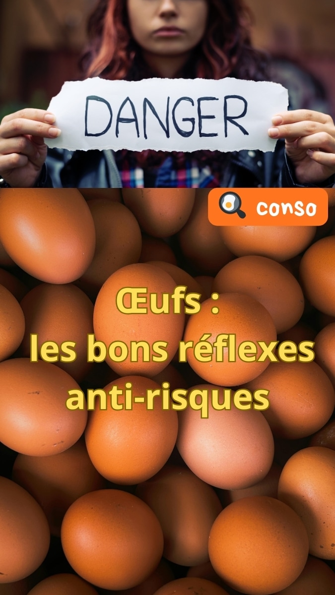 Gros plan sur des œufs bruns, avec en haut une personne tenant une pancarte “DANGER” et le texte “Œufs : les bons réflexes anti-risques”