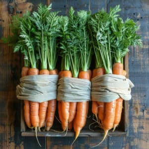 Bottes de carottes fraîches avec leurs fanes, posées sur une table en bois – légume de saison automne-hiver