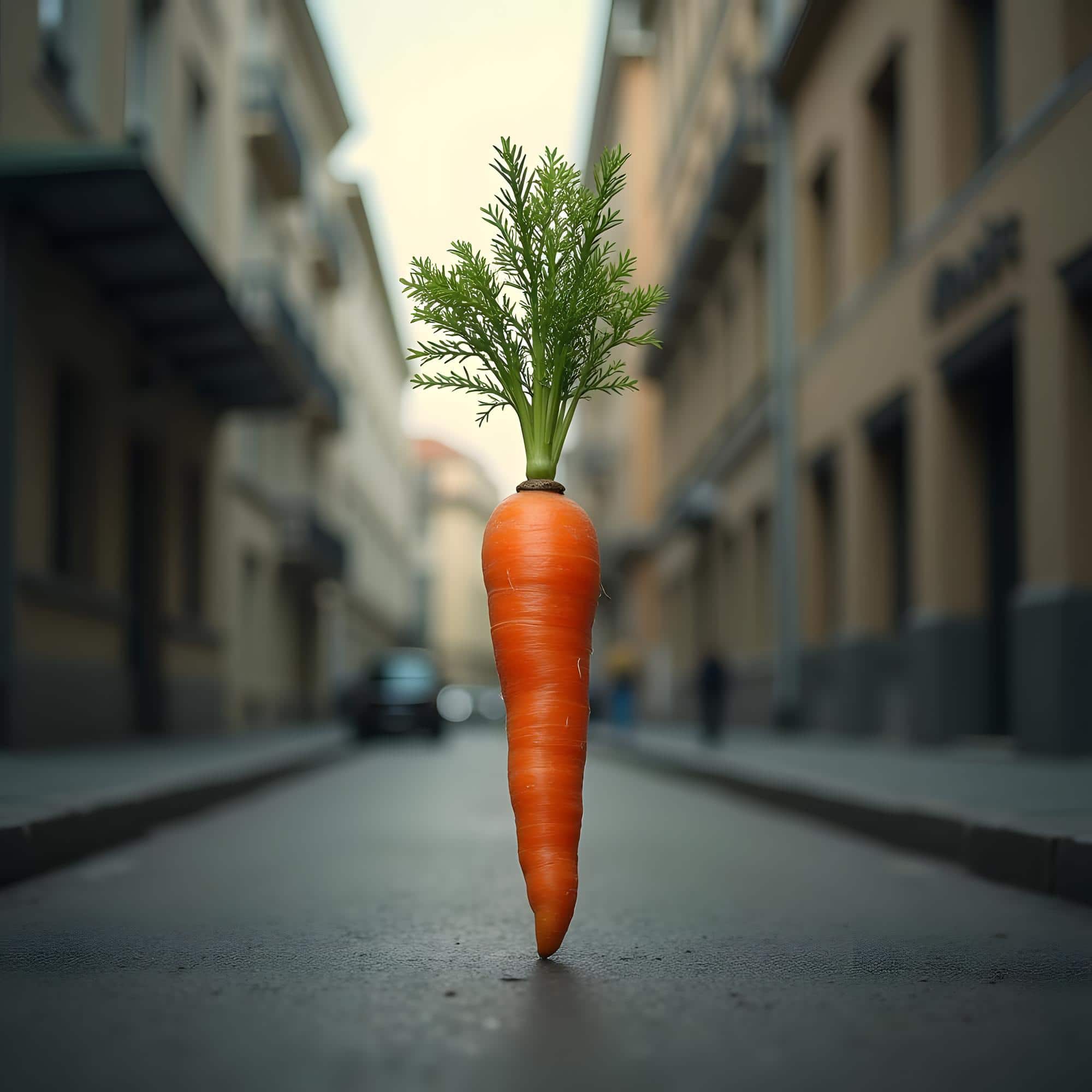 Carotte entière flottant au-dessus du sol dans une rue, image créative et décalée