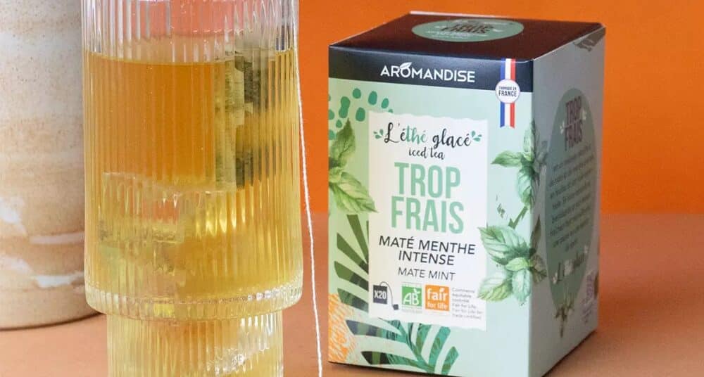 Boîte de thé glacé “Trop frais” Aromandise au maté et à la menthe, en infusettes bio et équitables.