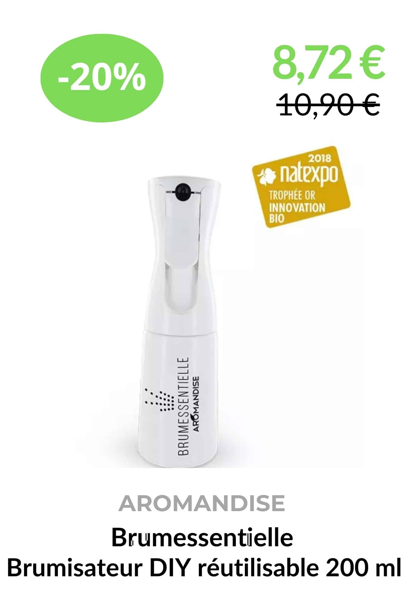 Brumessentielle Aromandise, brumisateur DIY réutilisable de 200 ml pour huiles essentielles et hydrolats.