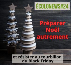 Décorations de Noël minimalistes en bois sur fond sombre, illustrant une préparation des fêtes plus responsable.