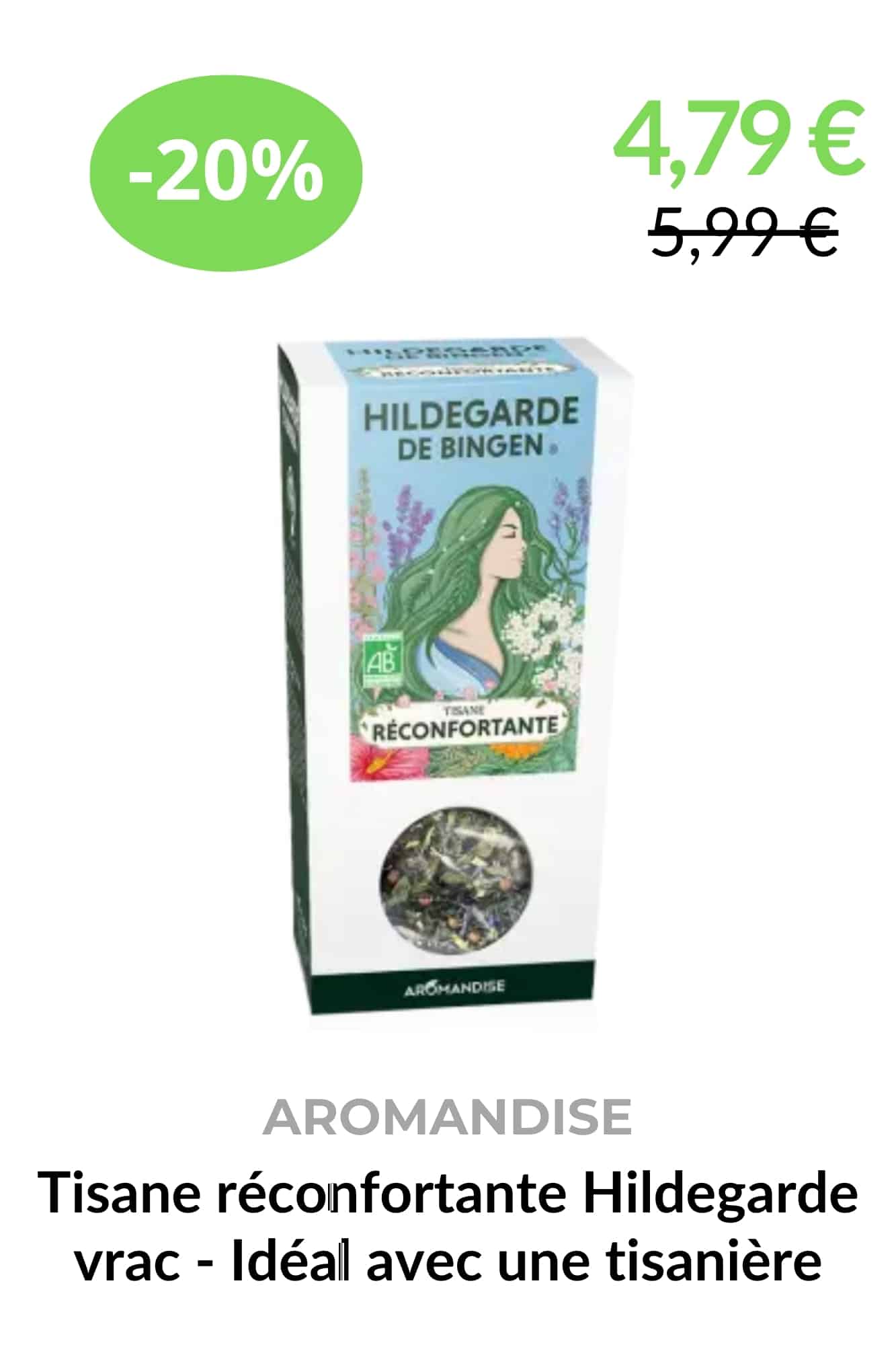 Boîte de tisane réconfortante Hildegarde de Bingen en format vrac d’Aromandise, présentée avec fenêtre ronde laissant voir les plantes séchées.