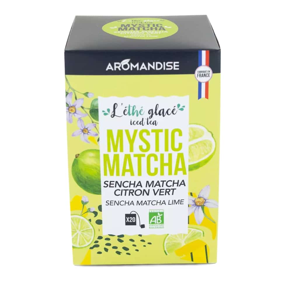 Boîte d’infusettes L’Éthé Glacé Mystic Matcha Aromandise, thé glacé bio Sencha–Matcha au citron vert.