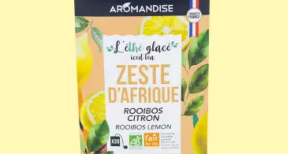 Boîte de thé glacé Éthé glacé Zeste d’Afrique Aromandise, rooibos citron bio en infusettes.