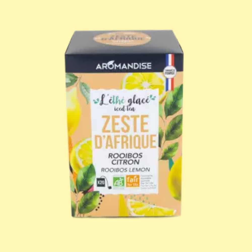 Boîte de thé glacé Éthé glacé Zeste d’Afrique Aromandise, rooibos citron bio en infusettes.
