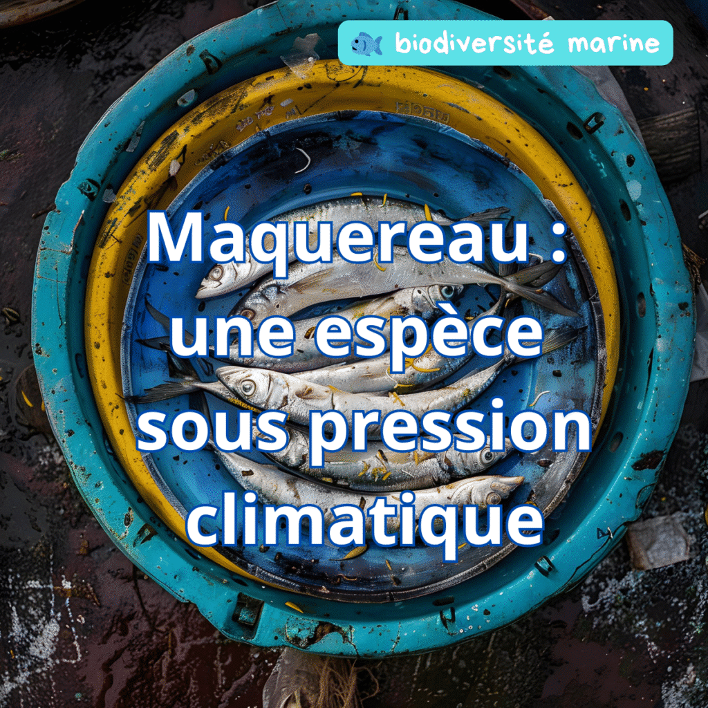 Plusieurs maquereaux frais dans une bassine circulaire bleue et jaune, illustrant la fragilité de l’espèce face au réchauffement climatique et à la surpêche.