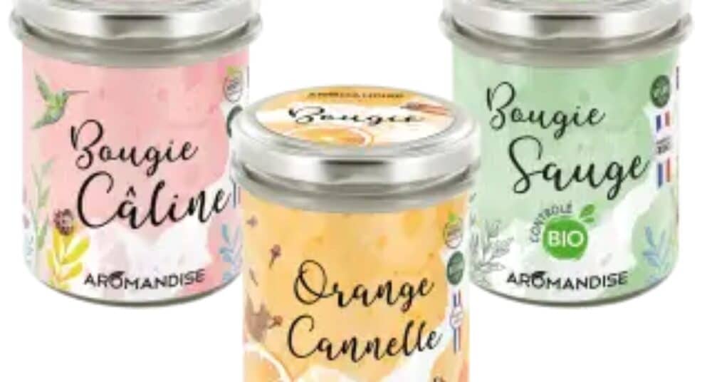 Pack découverte Aromandise contenant trois bougies naturelles : Câline, Orange Cannelle et Sauge BIO.