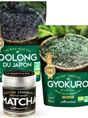 Pack Dégustation Thés Japonais Aromandise avec Gyokuro, Oolong et Matcha Prestige bio.