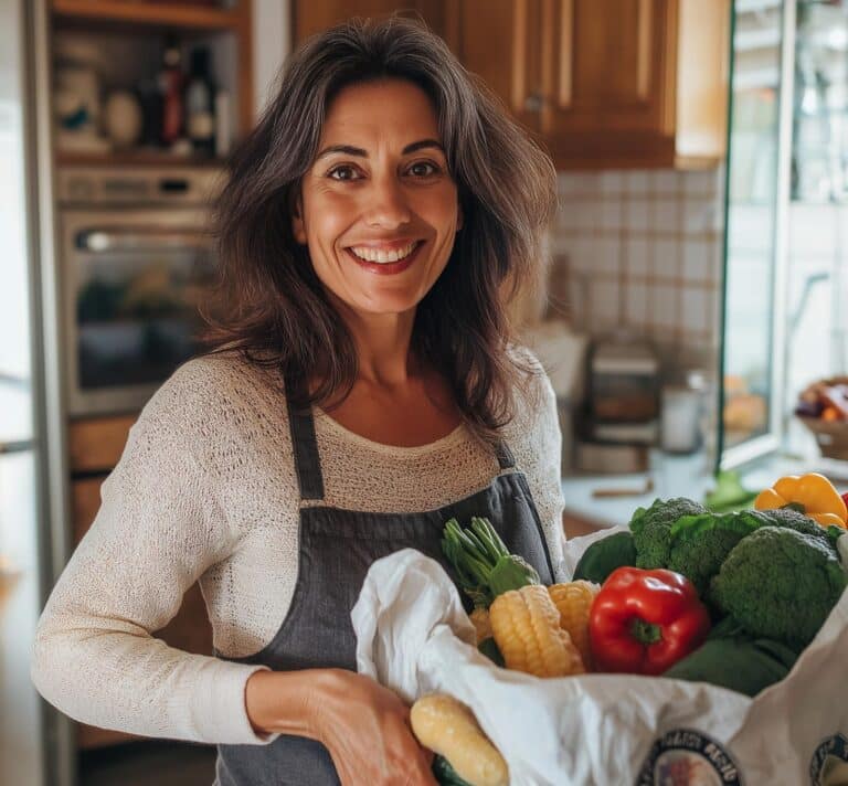 Femme souriante dans une cuisine tenant un cabas rempli de légumes (brocoli, poivron, maïs), illustration d’un article sur l’alimentation bio et la santé.