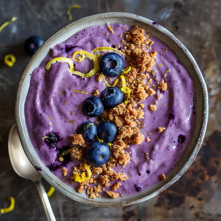 Smoothie bowl violet riche en anthocyanes avec myrtilles et granola
