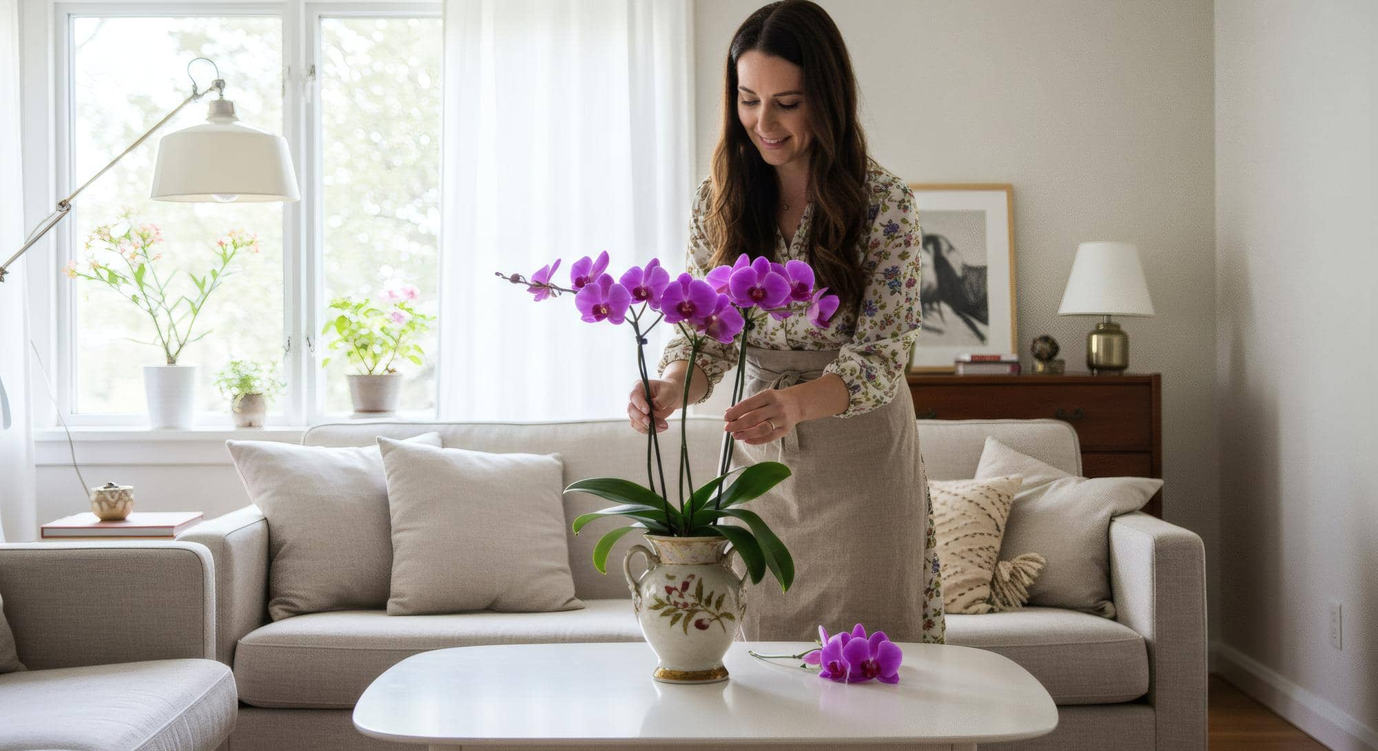 Personne disposant une orchidée dans un salon lumineux, symbole d’un intérieur sain, apaisé et équilibré