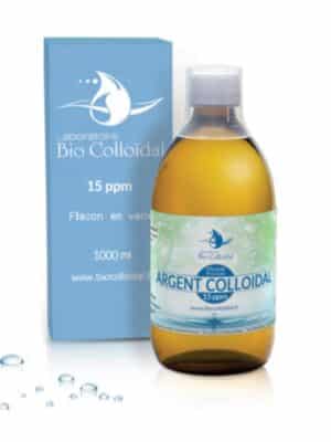 Flacon d’argent colloïdal 15 ppm Bio Colloïdal en verre ambré, format 1 litre, usage externe