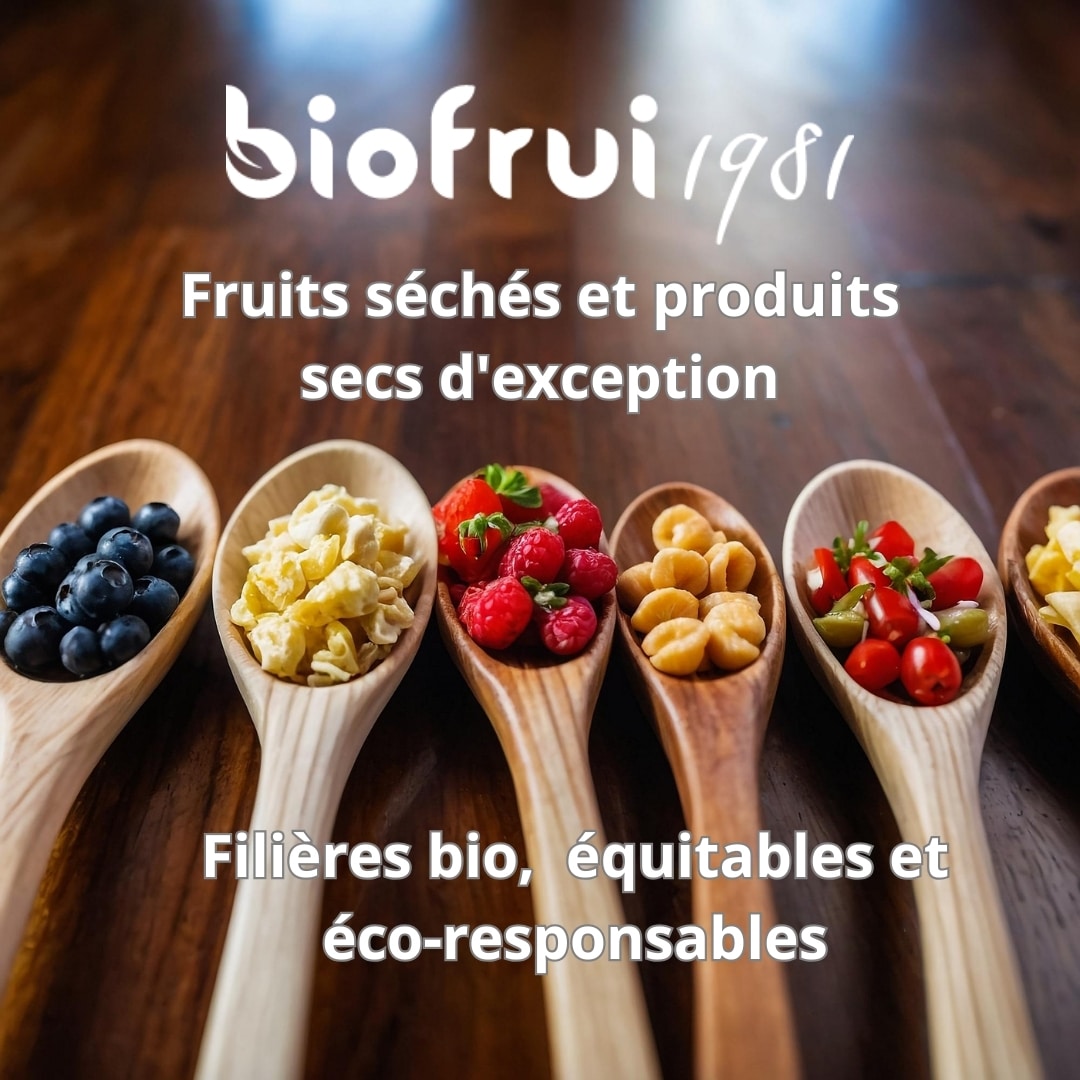 Visuel Biofrui1981 avec des cuillères en bois remplies de fruits et produits secs, mention “filières bio, équitables et éco-responsables”.