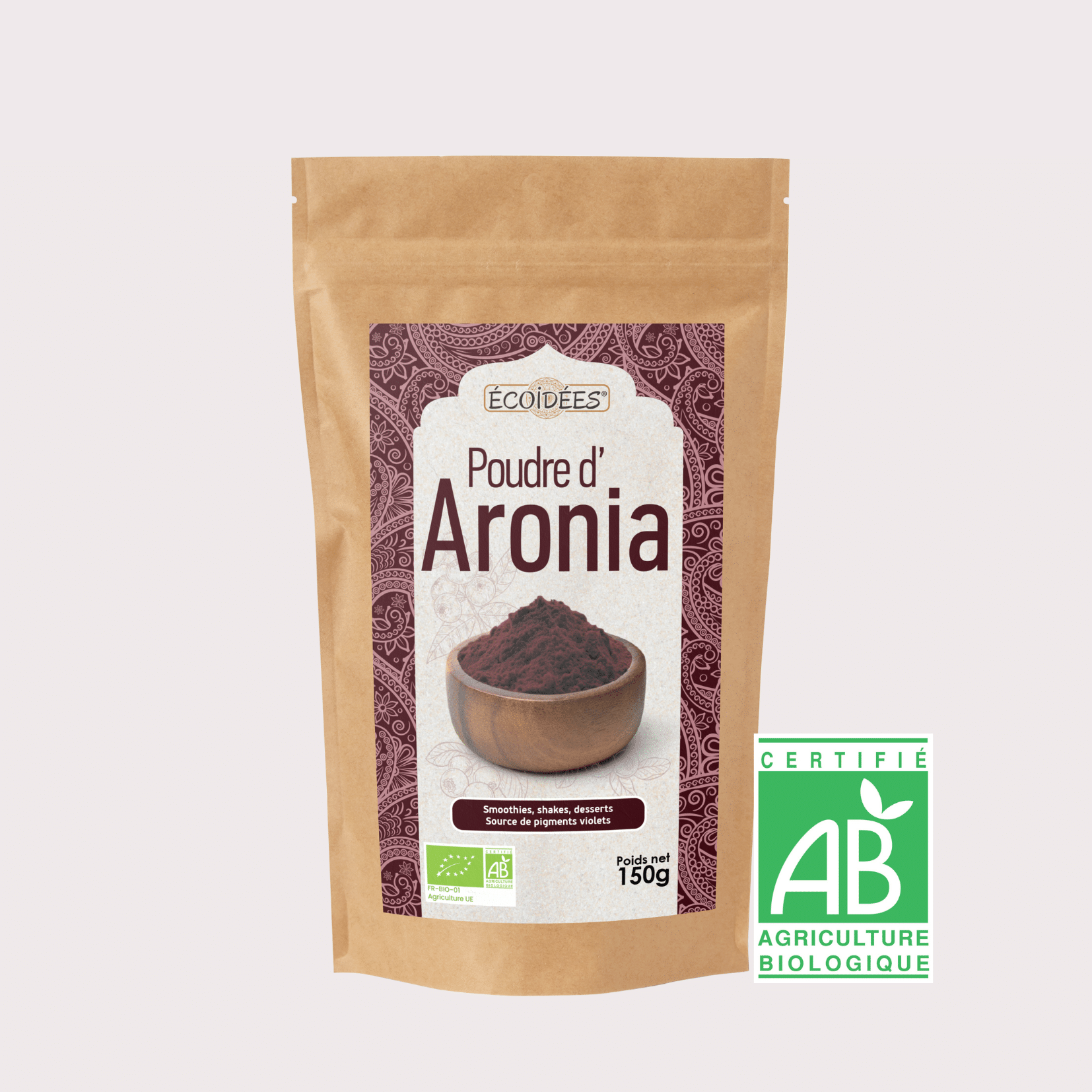 Sachet de poudre d’aronia bio Écoidées 150 g, source naturelle de pigments violets (anthocyanes)