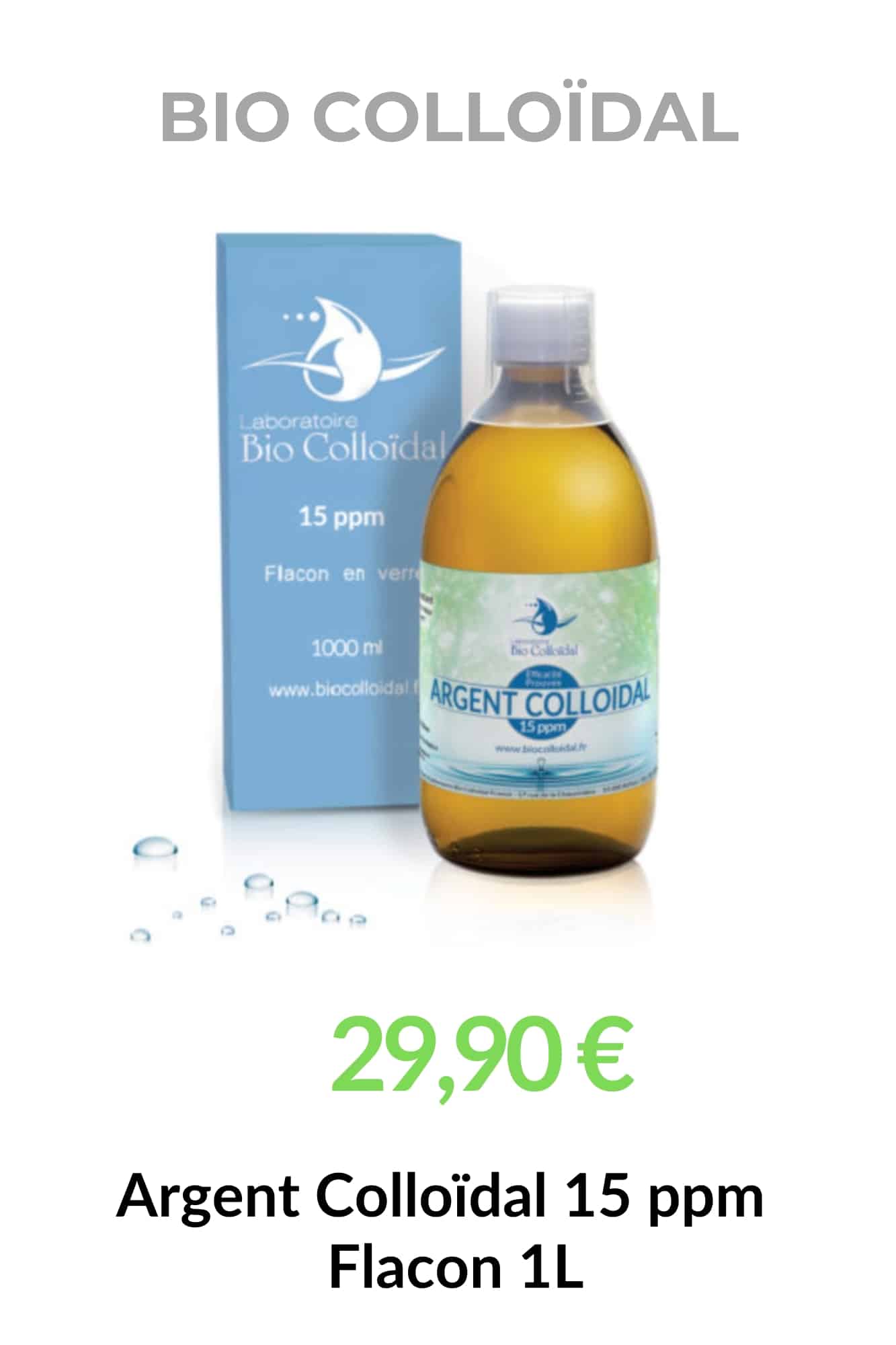 Fiche produit bio shop de Argent colloïdal 15 ppm – Flacon 1 L en verre ambré | Bio Colloïdal