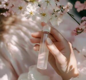 Parfum naturel aux fleurs blanches dans un flacon en verre, approche douce et végétale de la parfumerie
