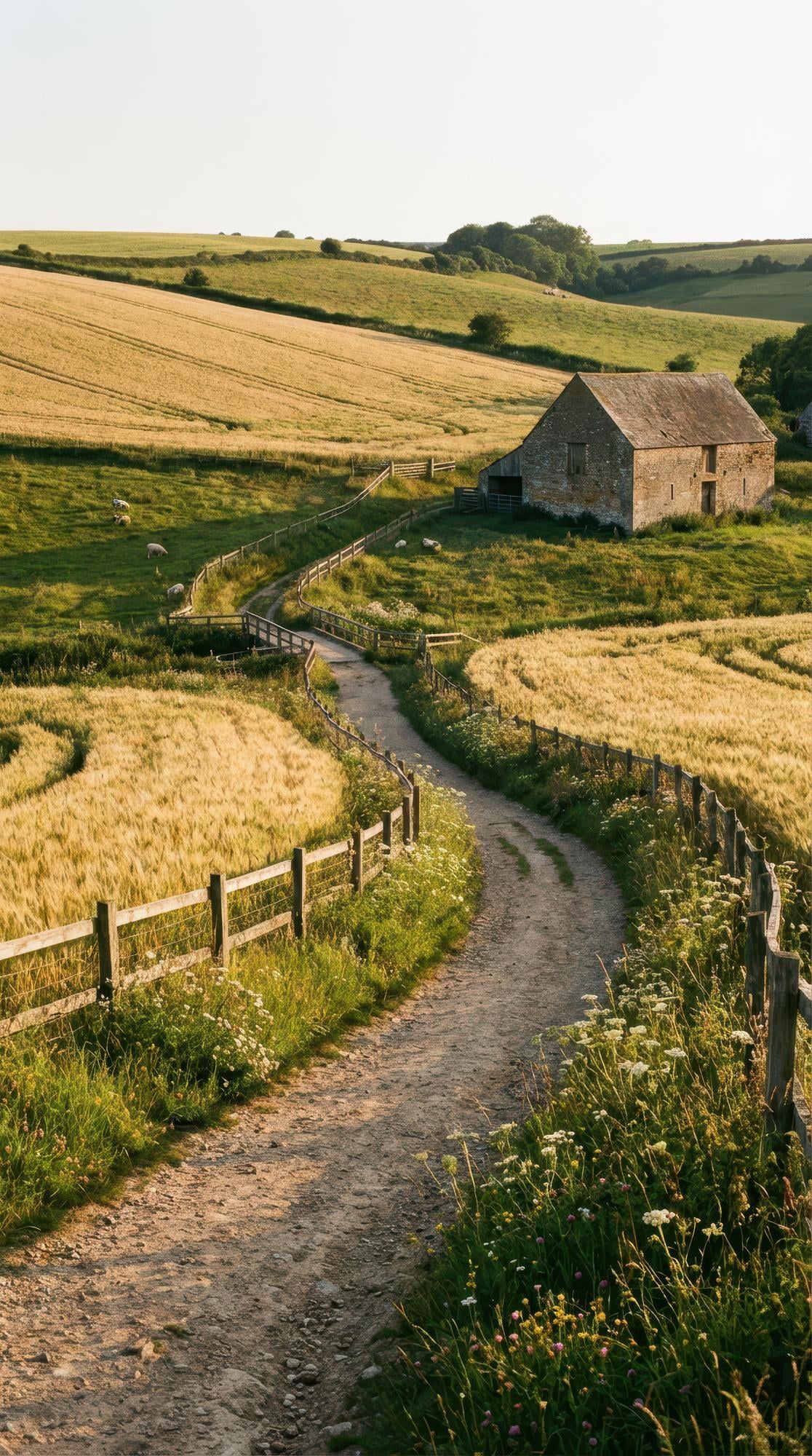 Paysage rural avec chemin et habitations illustrant les difficultés des territoires peu peuplés face aux risques climatiques et aux inondations