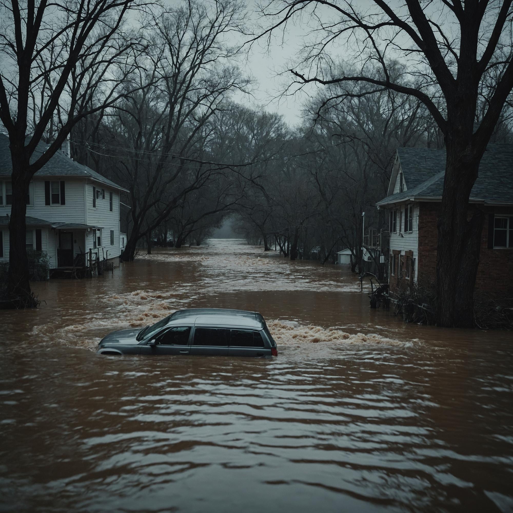 Rue résidentielle inondée après une crue, illustrant l’augmentation des risques d’inondation liés au dérèglement climatique