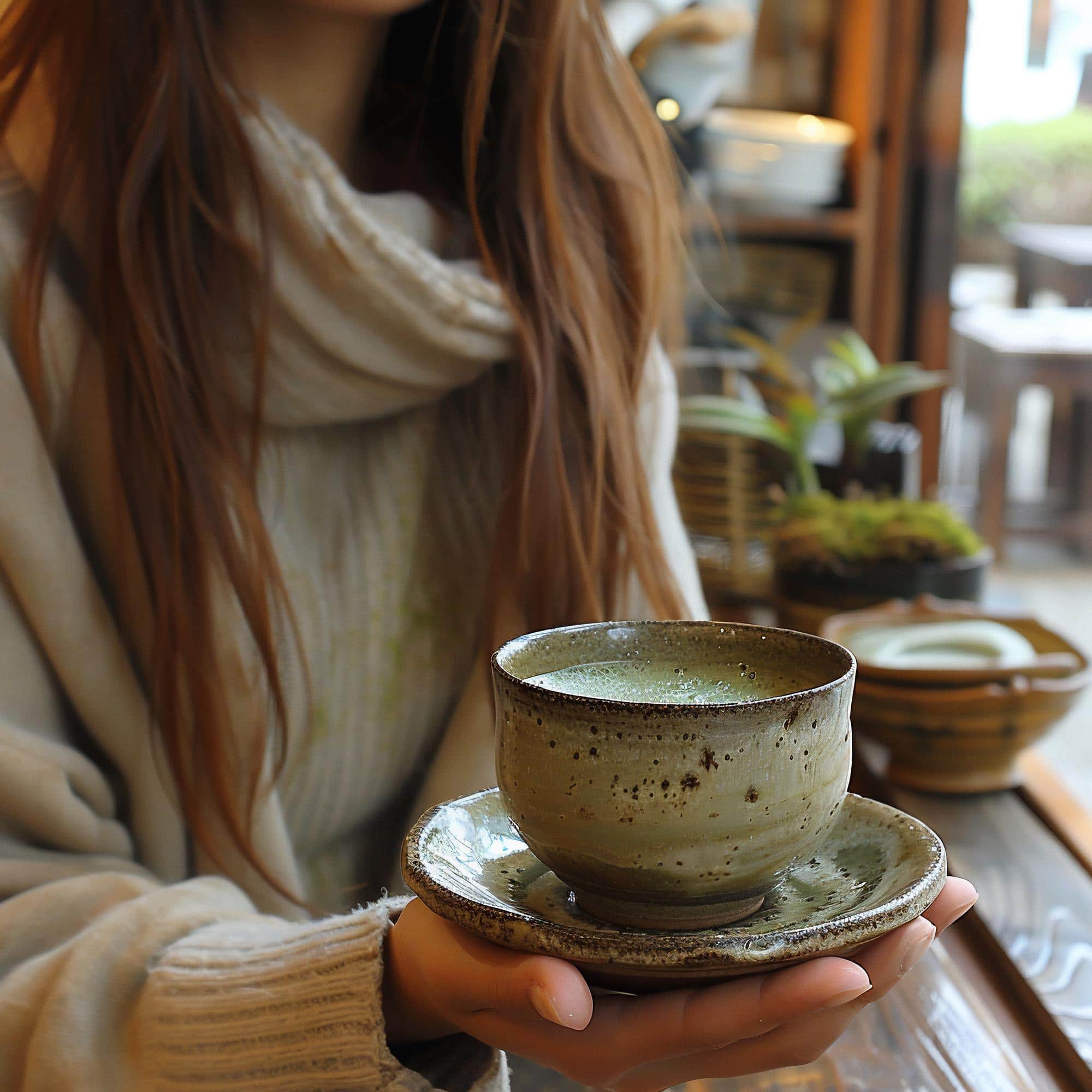Femme tenant une tasse de thé japonais dans un moment de pause et de douceur