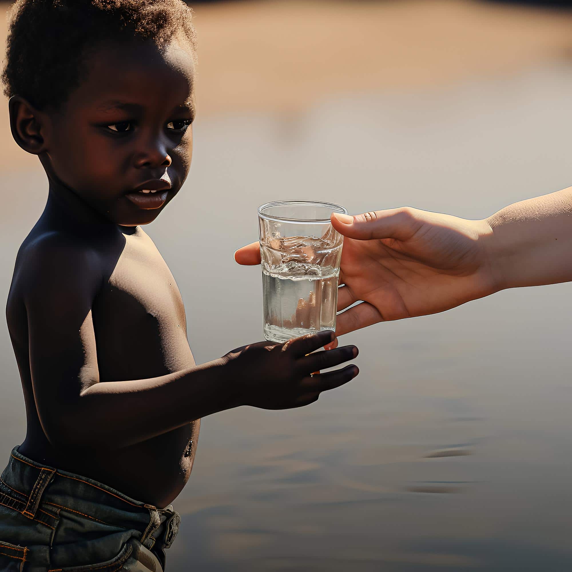 Enfant recevant un verre d’eau potable, illustrant les inégalités d’accès à l’eau dans le monde