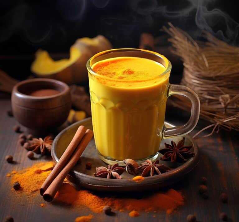 Lait d’or maison au curcuma servi chaud avec épices