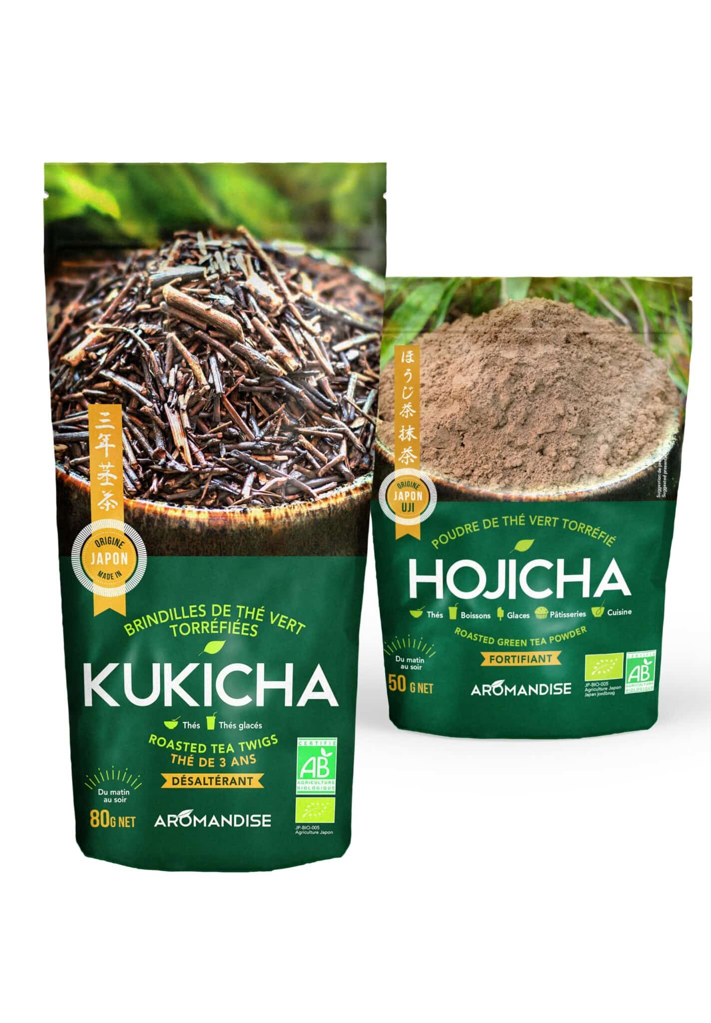 Thés japonais bio Hojicha et Kukicha Aromandise aux notes boisées