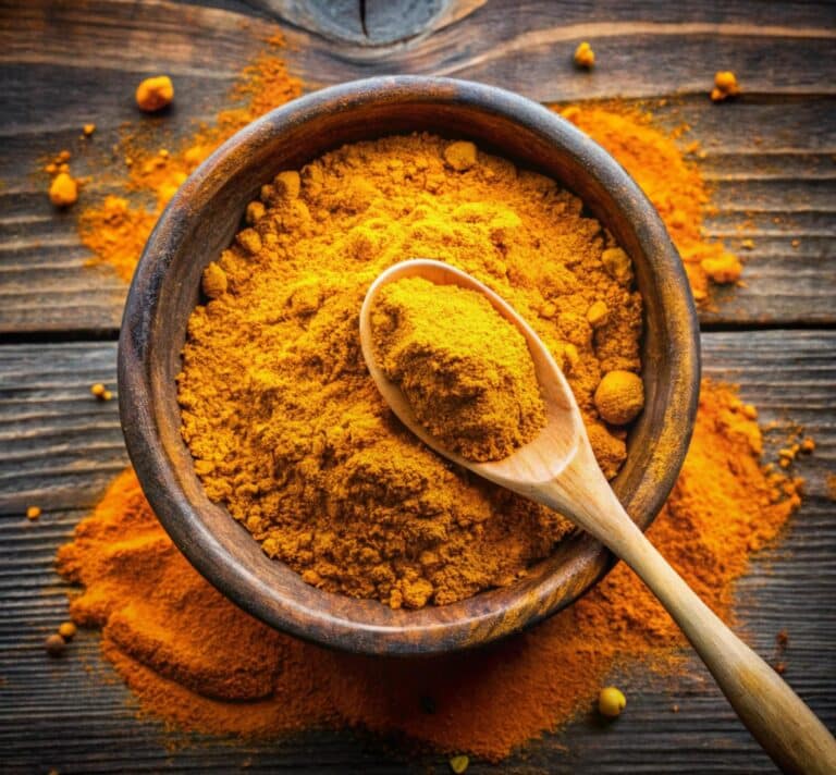 poudre de curcuma naturel dans un bol en bois, utilisée pour ses bienfaits anti-inflammatoires et antioxydants