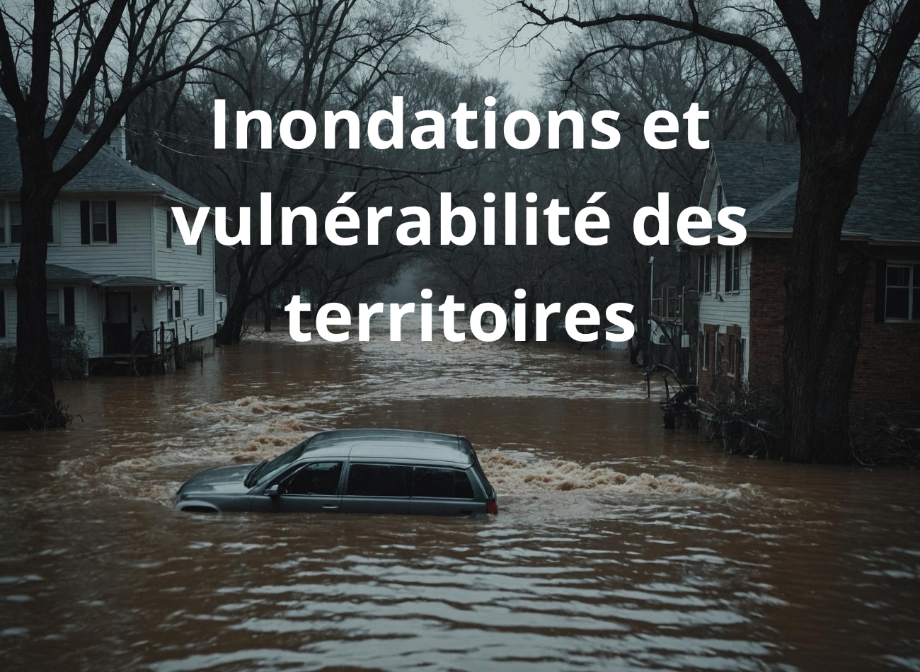 Quartier résidentiel inondé avec une voiture partiellement submergée, illustrant l’augmentation des risques climatiques.
