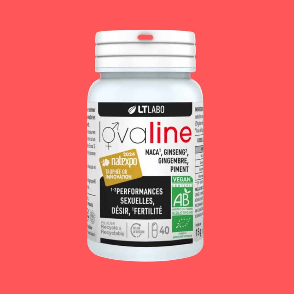 Flacon de gélules LOVALINE Bio LT LABO – complément alimentaire bio pour la vitalité intime