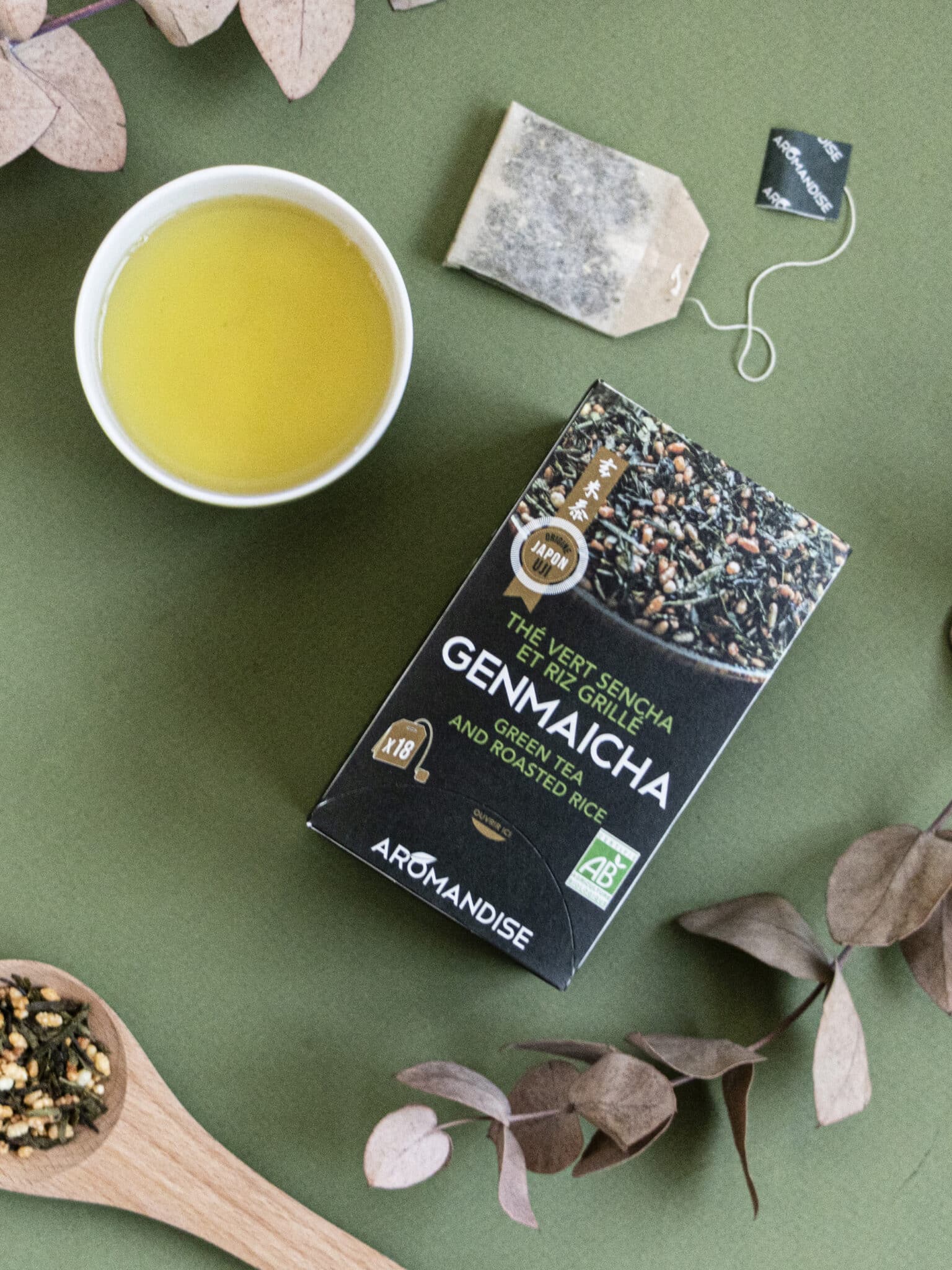 Thé japonais Genmaicha bio Aromandise, mélange de thé vert et de riz grillé