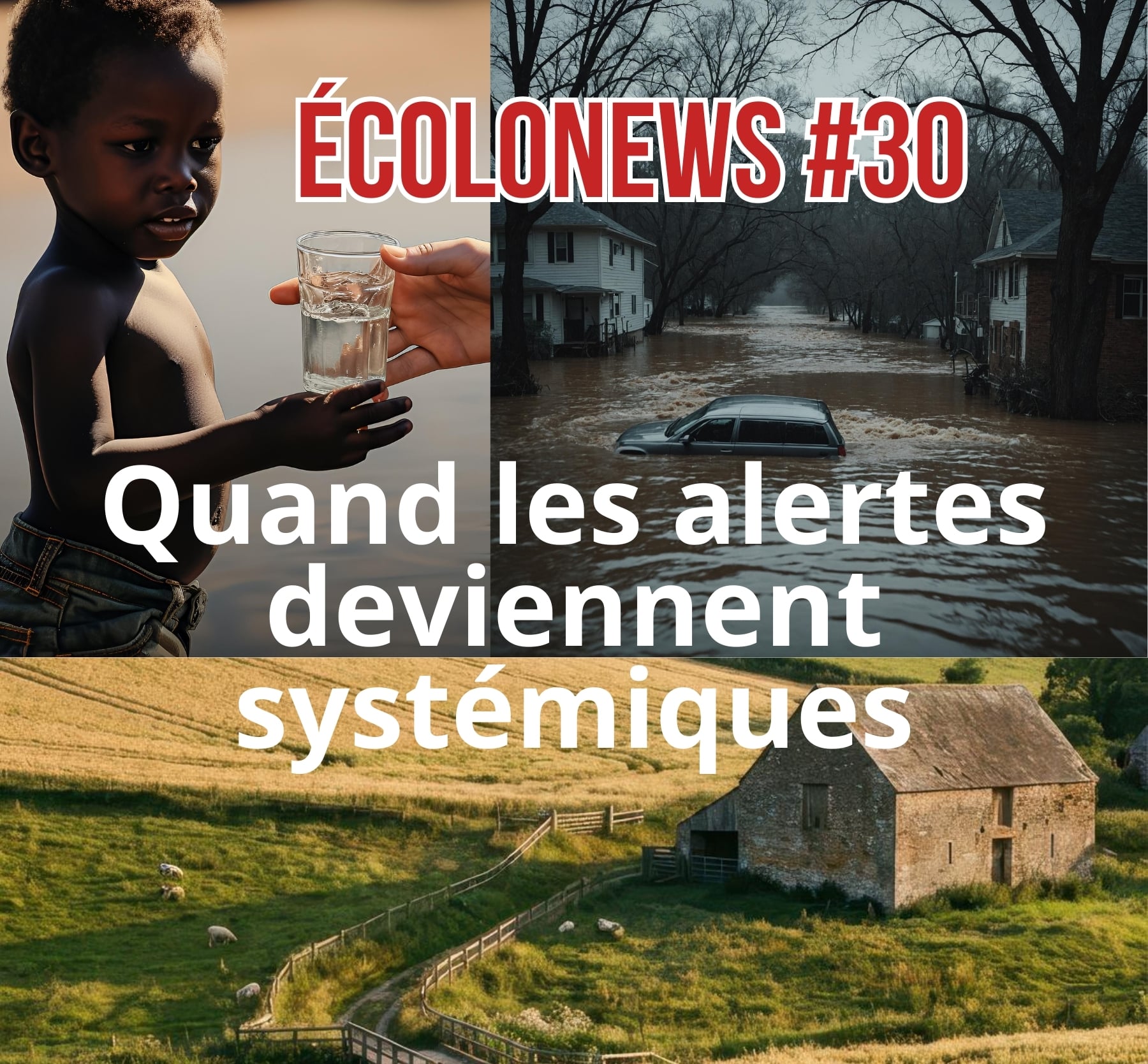 Montage illustrant l’Écolonews #30 sur les alertes écologiques systémiques : accès à l’eau potable, inondations liées au climat et fragilisation des territoires ruraux