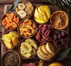 Assortiment de fruits secs et superfruits colorés : mangue, ananas, kiwi, banane, raisins, abricots et agrumes séchés pour un été gourmand et vitaminé.