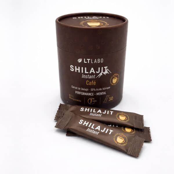 Boîte de Shilajit Instant Café LT Labo avec sticks individuels associant extrait de shilajit et café arabica pour une énergie naturelle.