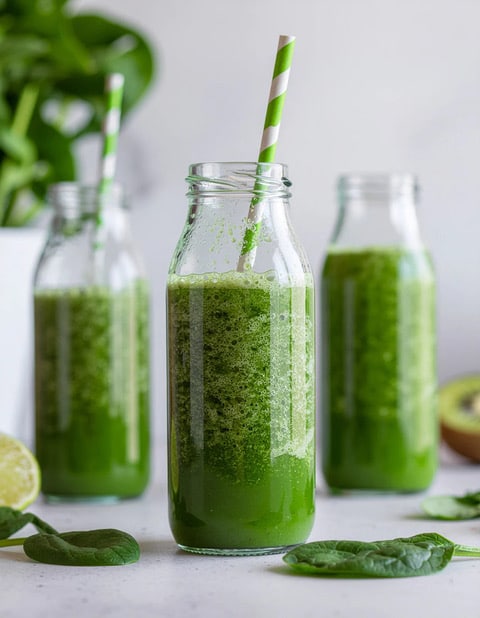 Bouteilles de smoothie vert au moringa bio, boisson énergisante naturelle