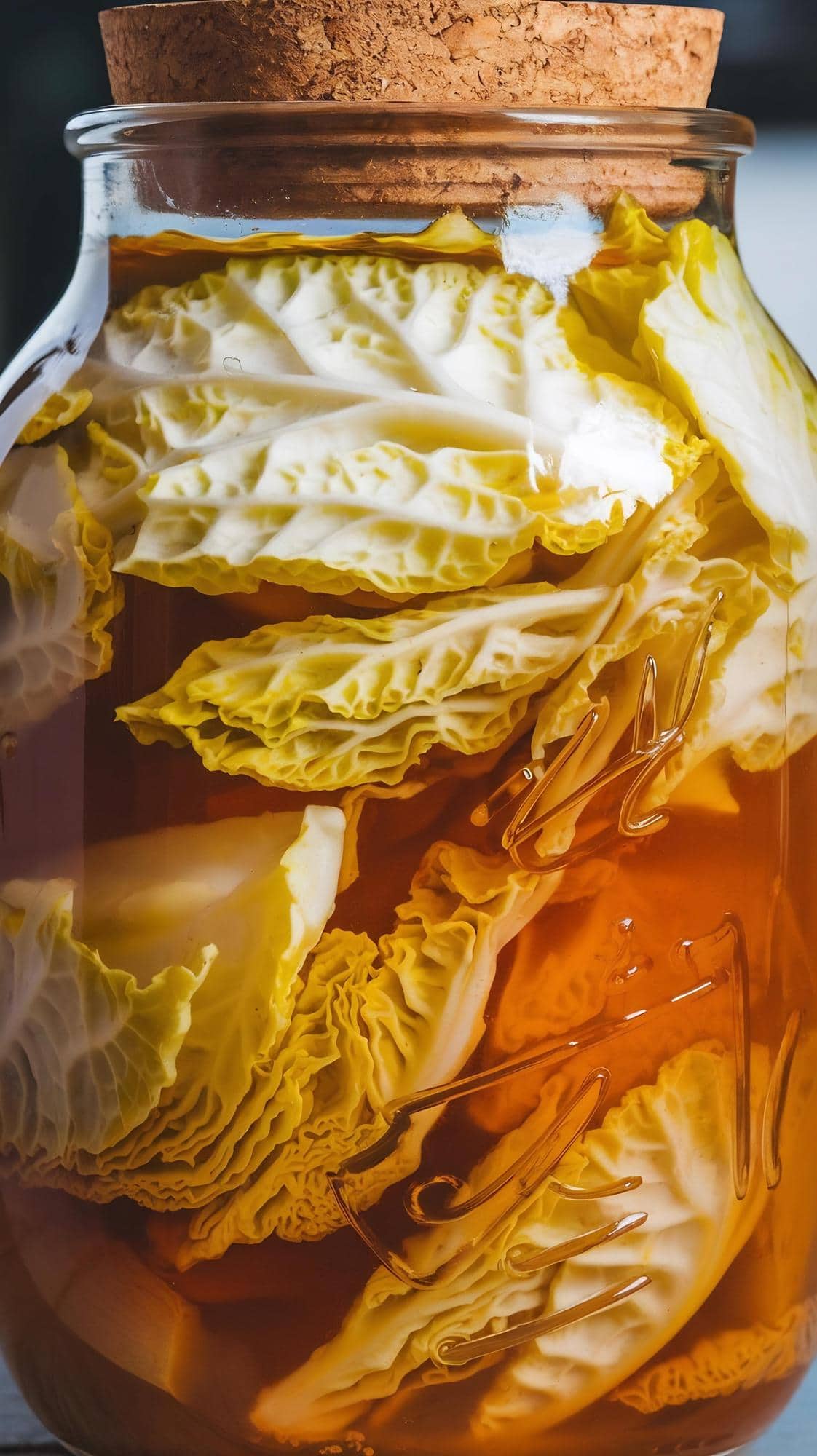 Feuilles de chou en cours de lactofermentation dans un bocal