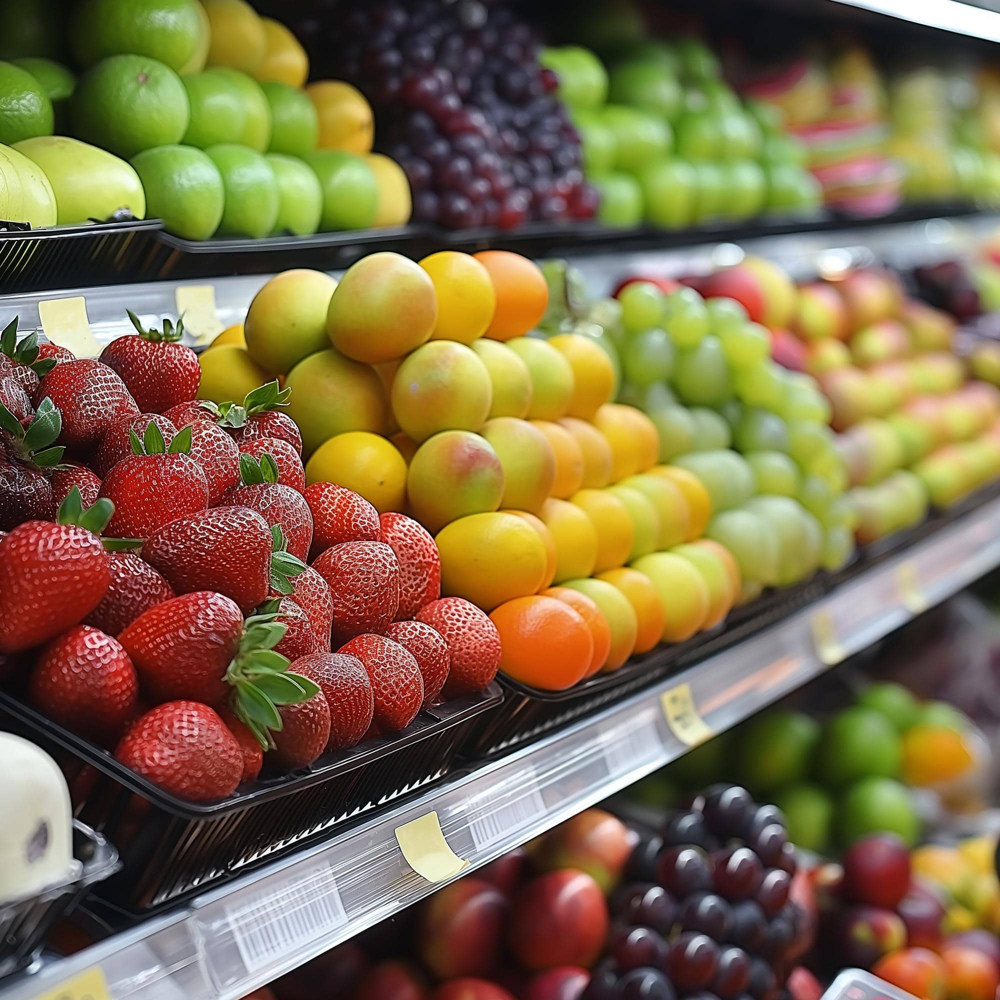 Fruits alignés et brillants dans un rayon de supermarché, illustrant la standardisation et la mise en scène des produits