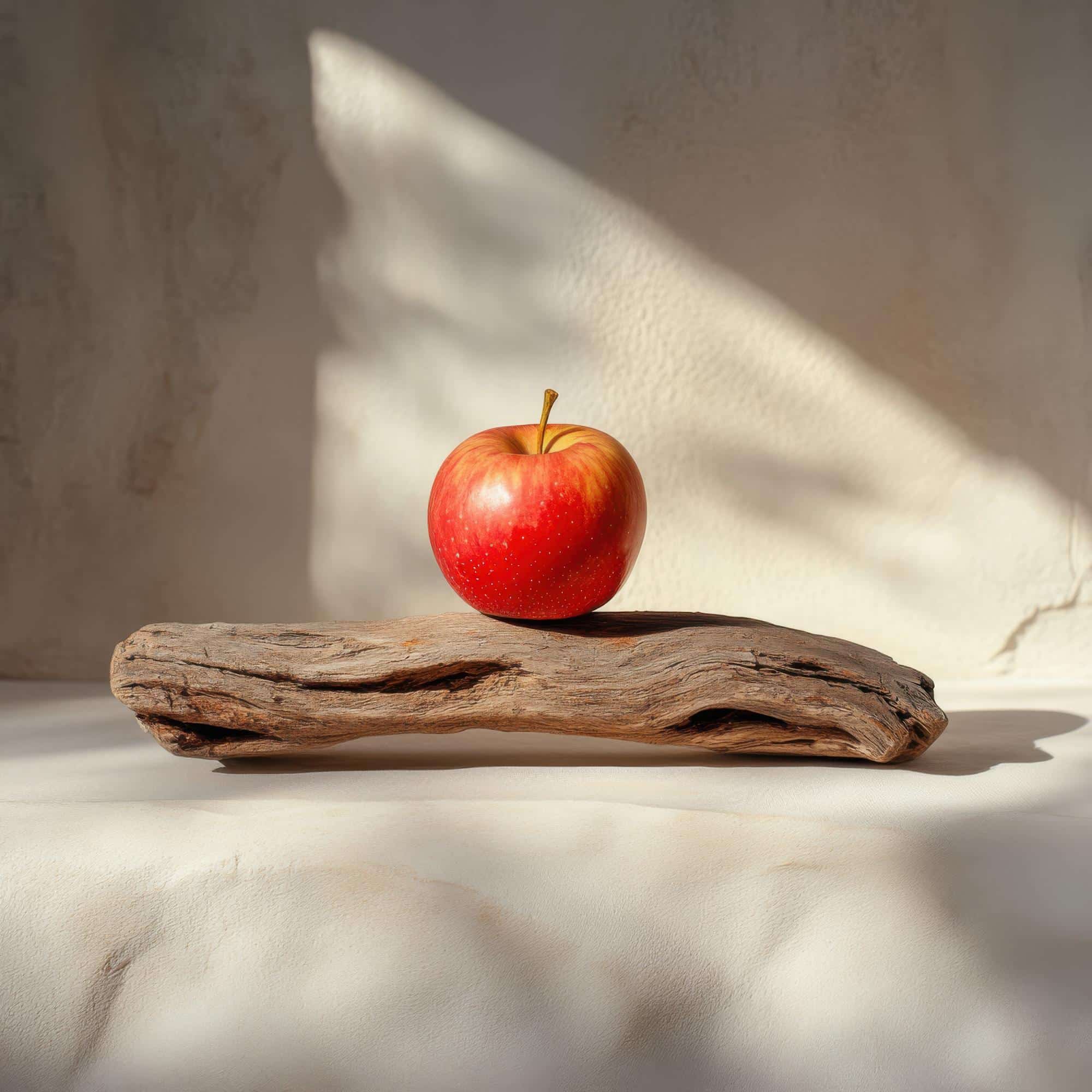 Pomme posée sur un support en bois, illustrant les traitements possibles en agriculture conventionnelle