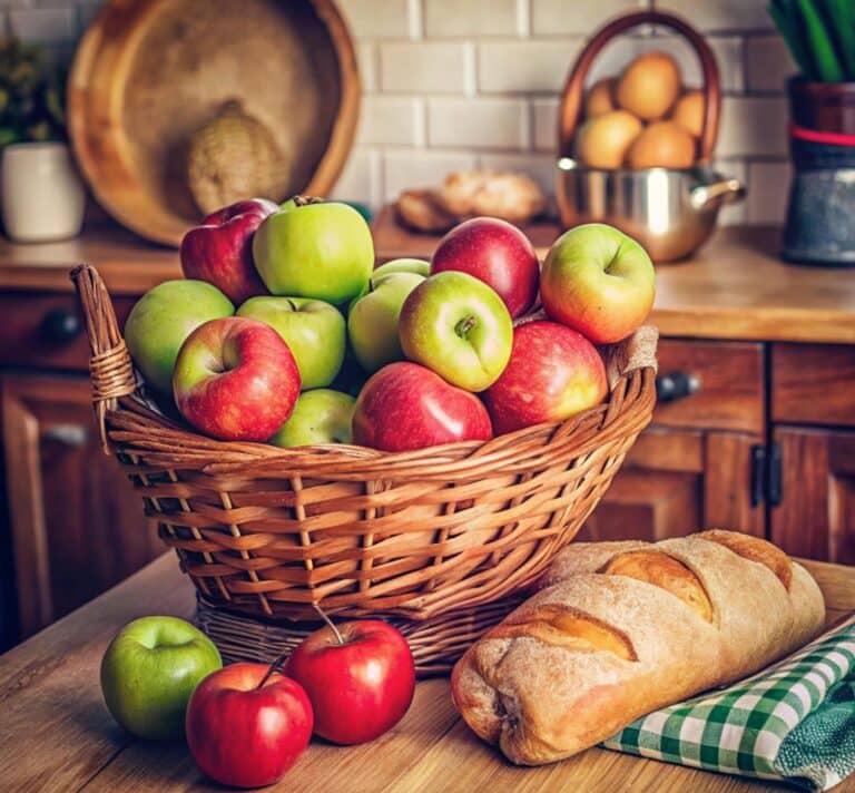 Panier de pommes et pain sur une table de cuisine, symbolisant les aliments du quotidien et la consommation consciente