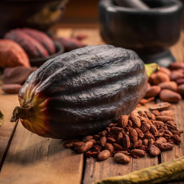 Cabosse de cacao avec fèves de cacao cru sur table en bois, illustration du cacao brut et naturel