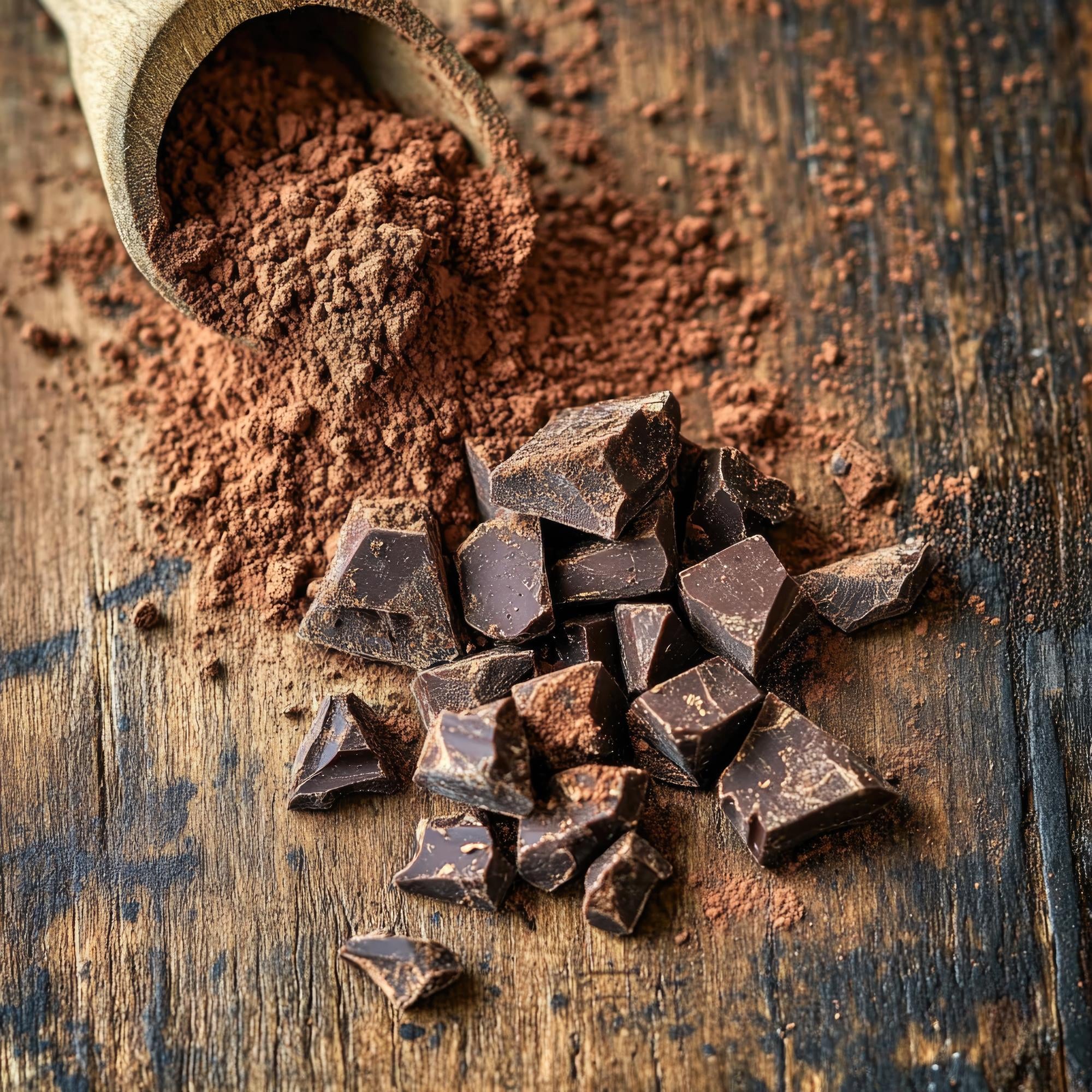 Cacao cru en poudre et morceaux de chocolat noir – superaliment riche en antioxydants et magnésium