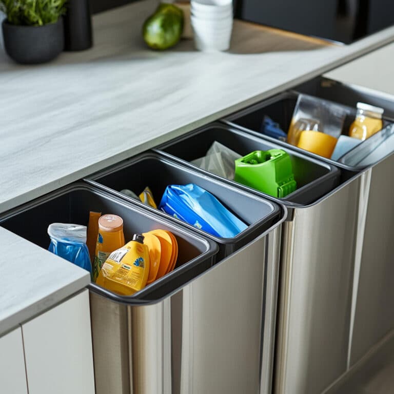 Bacs de tri dans une cuisine contenant des emballages plastiques illustrant la dépendance au plastique au quotidien
