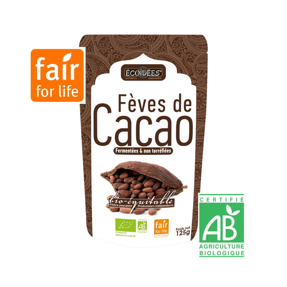 Fèves de cacao bio Écoidées fermentées et non torréfiées, riches en goût et naturelles