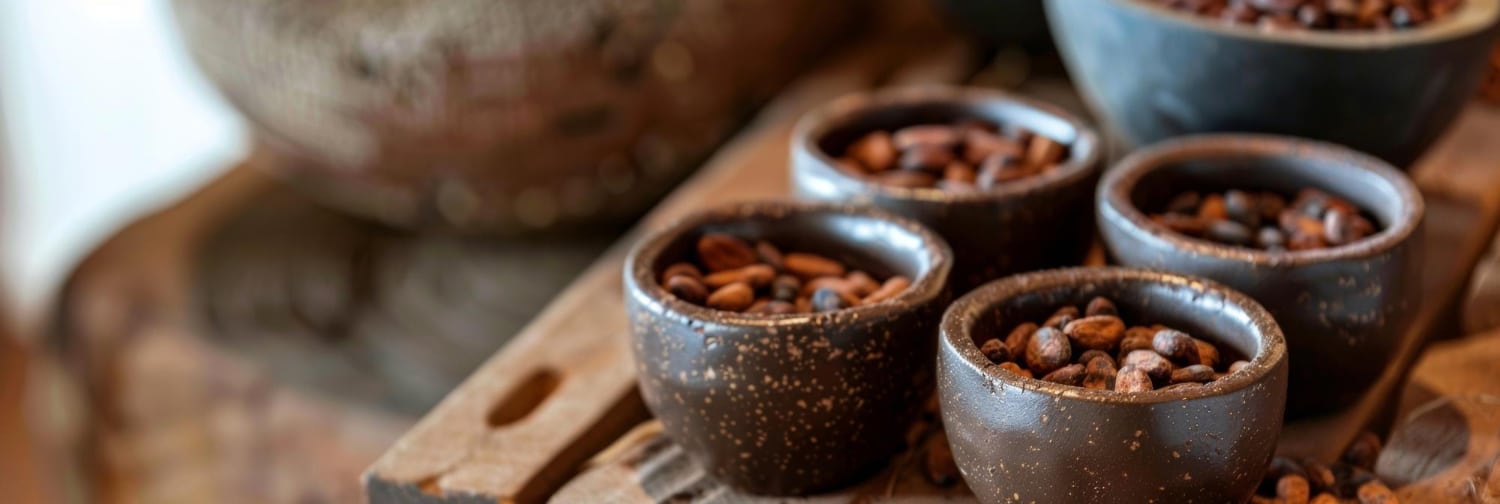 Fèves de cacao dans des bols en céramique sur table en bois, présentation naturelle et gourmande